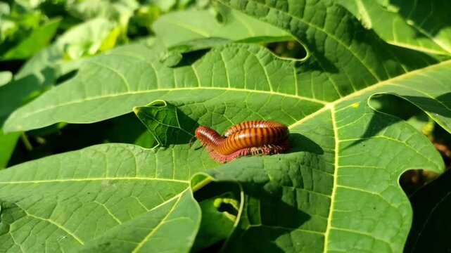 Millipedes with orange and black striped shell, Asian Giant Millipede or Trigoniulus corallinus or kaki seribu walk on green leaf in the sunny day.