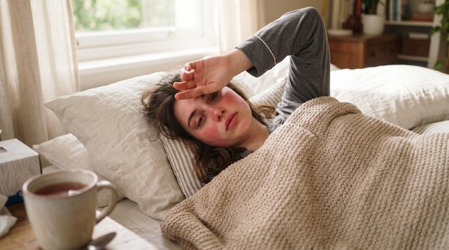 Sick young woman resting in bed with fever while holding hand to her hot forehead