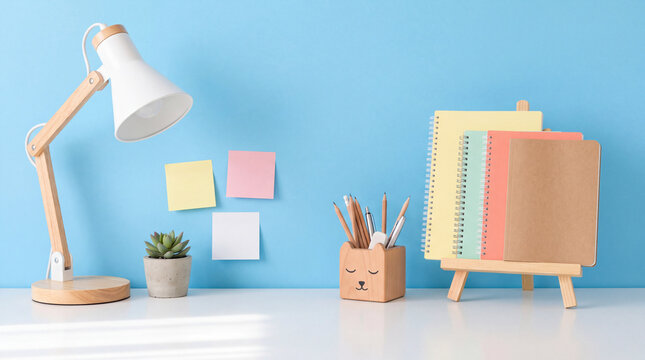 A neat and cozy student or office desk setup featuring a desk lamp, colorful notebooks on a small easel, a pencil holder, sticky notes, and a small potted plant against a vibrant blue wall.