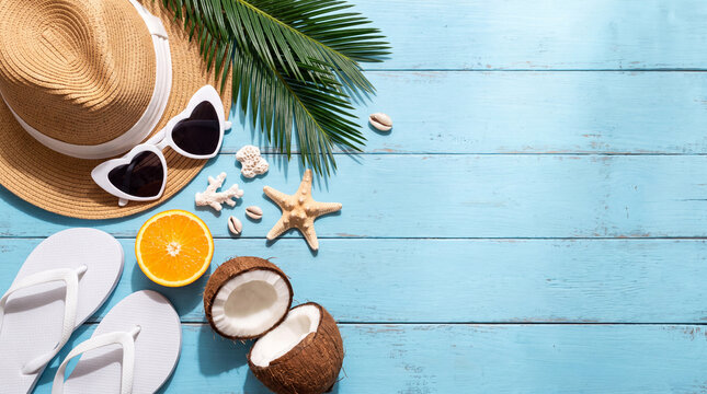 Flat lay summer vacation background featuring a straw hat, heart-shaped sunglasses, flip-flops, fresh coconut, orange slice, starfish, and palm leaf on blue wooden planks with copy space.