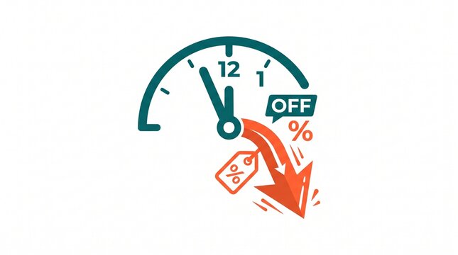 Speedometer drop icon, automotive gauge pointing down, sales discount meter with percentage tag, teal and orange, vehicle dashboard, modern flat design