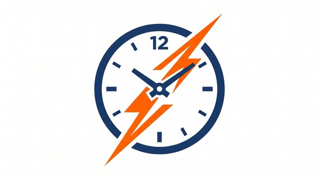 High Speed Clock Icon, lightning bolt in orange, digital time symbol, business concept, technology and speed logo, vector graphic illustration