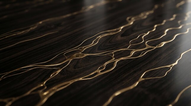 Dark luxury surface with abstract golden veins and natural wood grain texture