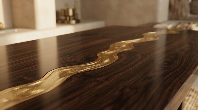 Dark wood table with golden river resin inlay modern design