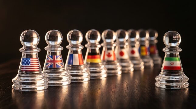 Chess pawns with national flags representing international diplomacy with captures glass chess country flags facing facing lone piece