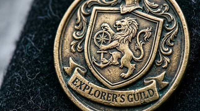 Antique bronze Explorer's Guild emblem featuring a lion coat of arms, anchor, and compass rose on dark fabric.