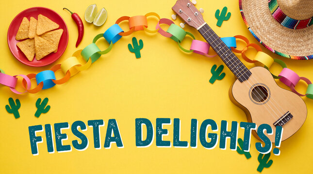 Festive flat lay background for Cinco de Mayo with a ukulele, sombrero, nachos, chili pepper, and colorful paper chain garland on a yellow surface with the text Fiesta Delights.