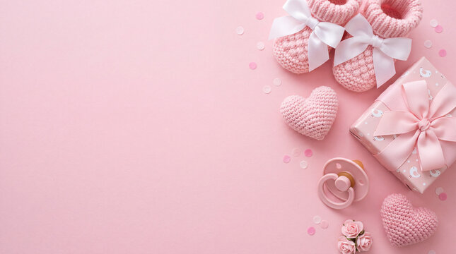 A charming pink baby girl background featuring knitted booties, a wrapped gift box, a pacifier, and crochet hearts on a soft pink background with copy space.