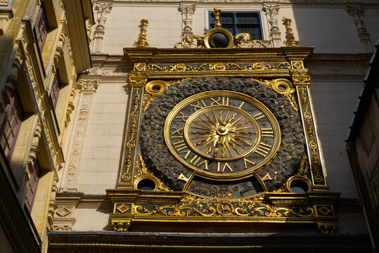 Famous Gros-Horloge medieval clock at the old town of French city of Rouen on a sunny summer day. Photo taken July 13th, 2026, Rouen, Normandie, France.