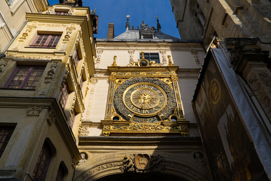 Famous Gros-Horloge medieval clock at the old town of French city of Rouen on a sunny summer day. Photo taken July 13th, 2026, Rouen, Normandie, France.
