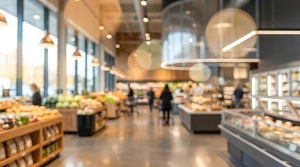 Fototapeta premium blurred wide angle view of modern organic grocery store interior with warm lighting, produce displays, and bakery section.