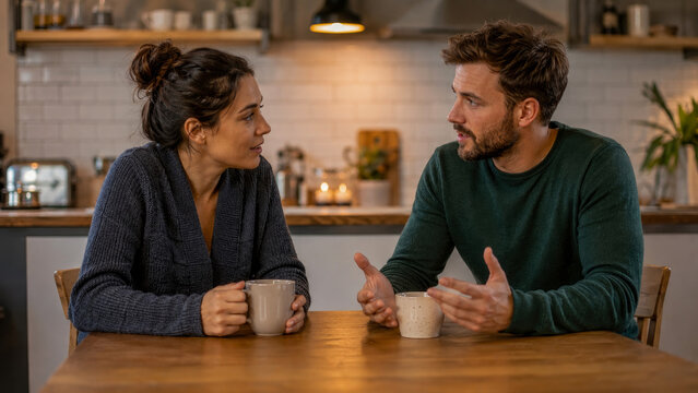 Young Couple Engaged in Intimate Conversation While Sitting at Wooden Kitchen Table with Mugs, Sharing Meaningful Moment at Home in Warmly Lit Cozy Interior Setting