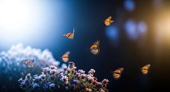 Megical night scane with monarch butterflies flying over blooming flowers under glowing light