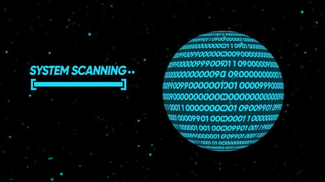 Digital system scanning animation with rotating binary code globe