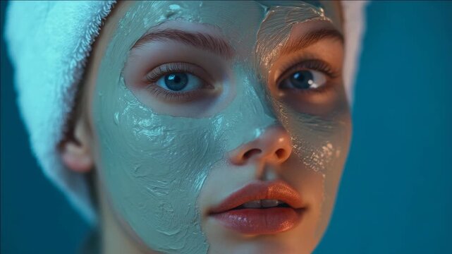 Close-up of a woman with a clay mask applied to her face.