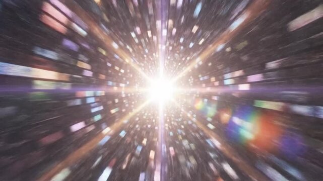 A bright light shines through a tunnel of colorful glowing blocks