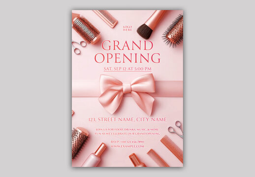 Editable Grand Opening Beauty Salon Flyer with Hair Styling Tools and Elegant Pink Design.