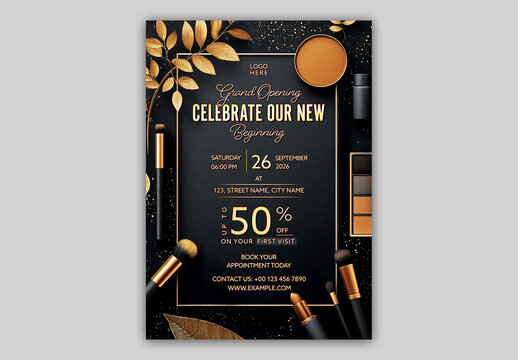 Editable Beauty Salon Grand Opening Flyer with 50 Percent Off Special Offer and Makeup Products.