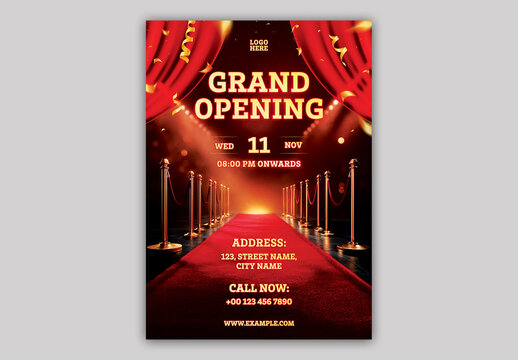 Editable Grand Opening Party Invitation Flyer with Red Carpet, Luxury Curtains and Golden Lights.