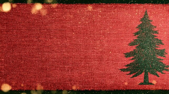 Dark green christmas tree silhouette on a textured red background with bokeh lights
