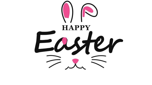 Happy Easter Calligraphy Text with Bunny Ears and Nose Graphic Lettering Element, Spring Holiday Holiday Greeting Card Typography Design Illustration