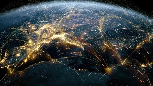 Global network connections visualized from space at night showing glowing lights and lines across continents