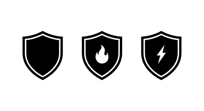Three shield icons with flame and lightning bolt symbols on a white background
