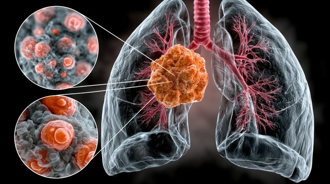 3 d rendering of cancerous tumor growth within human lungs microscopic view