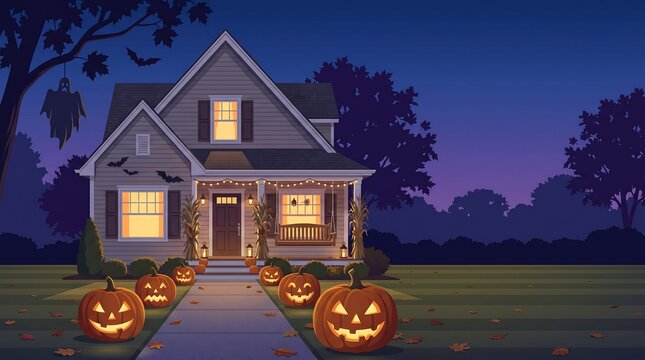 Halloween decorated house with carved pumpkins and string lights