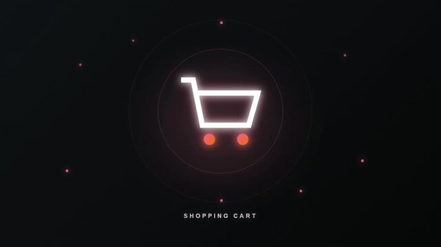 Minimalist glowing neon shopping cart icon on a dark background.
