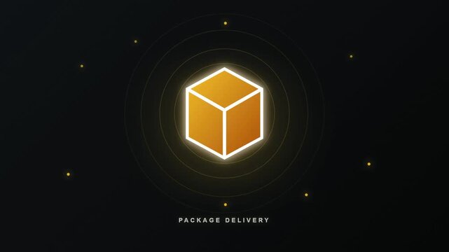 Abstract glowing golden cube icon representing modern digital package delivery service concept.