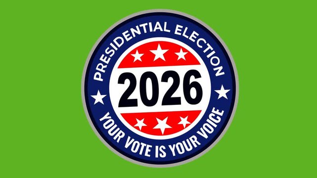 Animated 2026 presidential election badge featuring patriotic red, white and blue colors, stars, and a voter participation message, ideal for political campaigns, election media