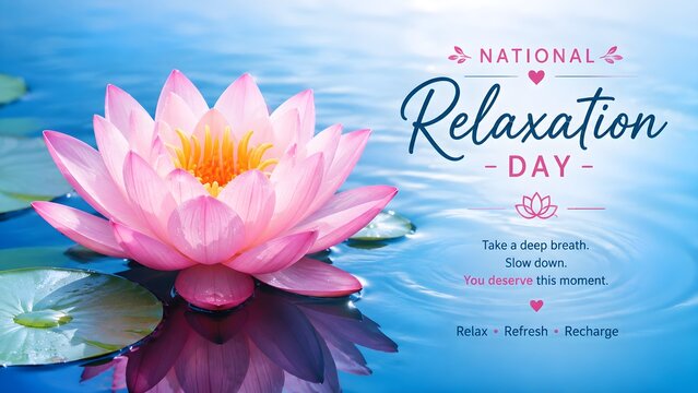 A beautiful pink lotus flower floating on calm blue water for national relaxation day celebration