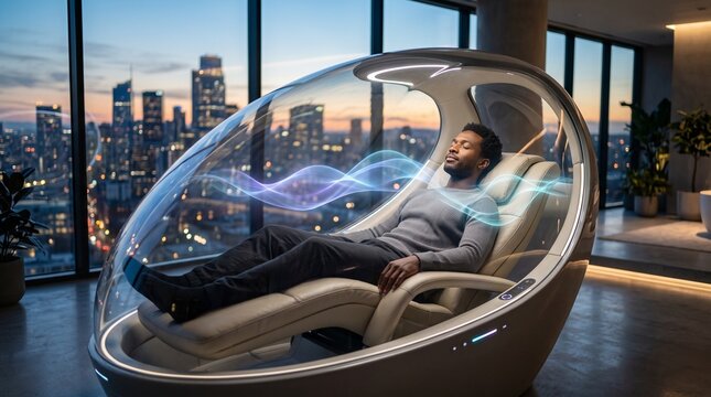 Man resting peacefully inside futuristic relaxation pod while glowing blue energy waves float around his body