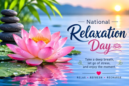 A beautiful pink lotus flower floating on calm blue water for national relaxation day celebration
