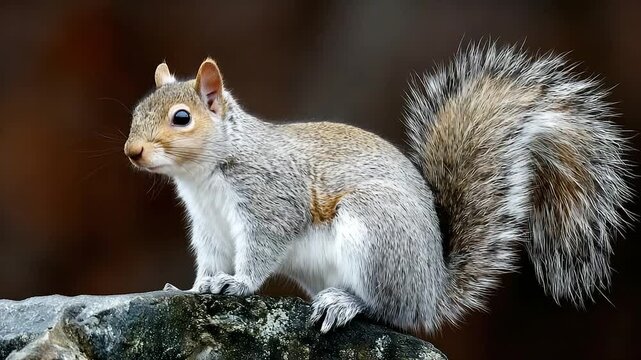 A gray squirrel with a fluffy tail perched on a rock, set against a blurred brown background