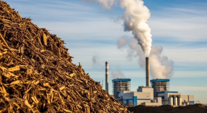Biomass power plant with wood chips pile and smoking chimneys