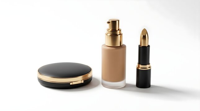 Luxury makeup set mockup featuring black and gold compact powder case, liquid foundation bottle, and lipstick isolated on white background