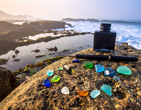 Sea glass and a refillable ink pen are arranged on a flat rock near the ocean tide pools in morning.