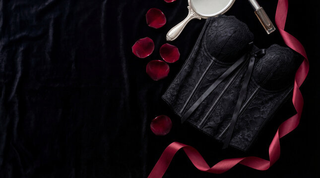 Black lace corset with red rose petals ribbon mirror lipstick arranged on dark velvet surface creating romantic luxury lingerie concept for seduction elegance beauty passion celebration