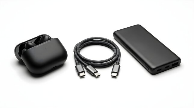 Modern black tech essentials set featuring wireless earbuds in charging case, USB type C cable, and sleek power bank isolated on white background