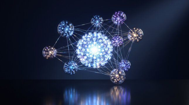 Glowing neural network with connected luminous nodes on dark background visualizing artificial intelligence data processing machine learning connectivity computation innovation technology