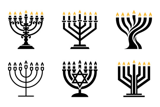 Hanukkah menorah icon set, 6 black chanukiah vector silhouettes with gold flames, Jewish holiday candelabra symbols for greeting cards