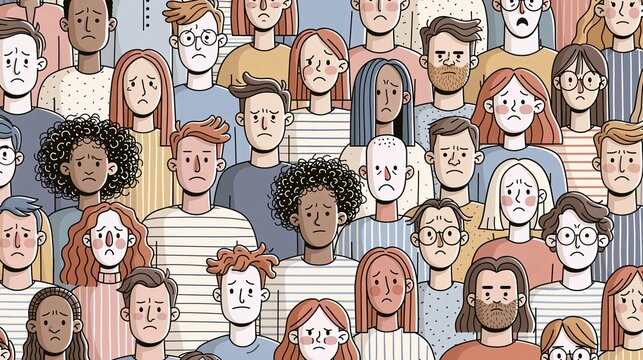 Large crowd of diverse people with sad and serious expressions