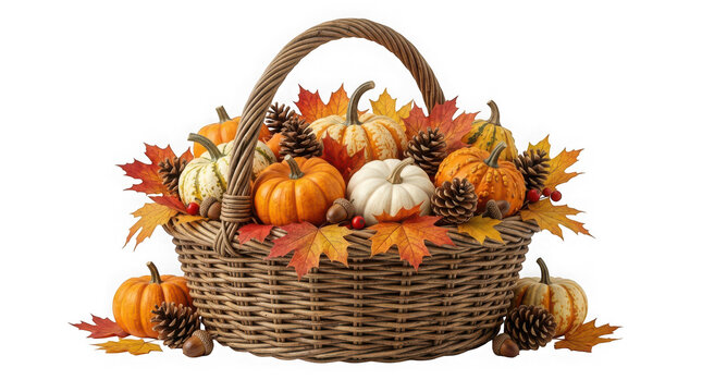 A festive wicker basket filled with colorful autumn pumpkins and fall leaves isolated as a high quality halloween png graphic