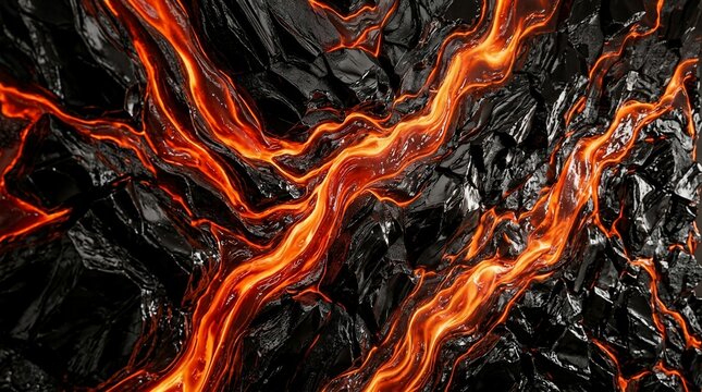 Molten lava flowing through jagged dark rock formation