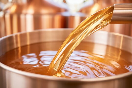 Golden wort flowing from mash tun valve into metal vessel