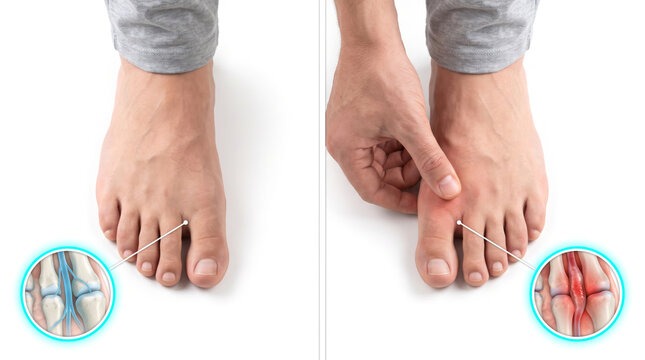 foot pain bunion hallux valgus toe deformity concept, person holding big toe showing joint inflammation bone misalignment and pain area isolated