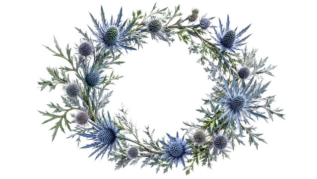 Blue Thistle Wreath Watercolor Floral Frame Illustration
