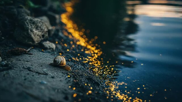 A snail crawls across a shoreline, light sparkles on water near rocks